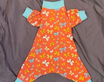 Beautiful Salmon Color And Bright Multicolor Dragonflies And Butterflies. Stretchy Cotton Blend Pjs/One Piece/Jammies. Custom Sizing Offered