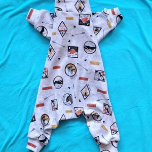 May include: A gray baby onesie with a camping theme. The onesie has a variety of illustrations, including a tent, a campfire, and a mountain range. The text on the onesie includes "Camp Out", "Adventure", and "Explore".