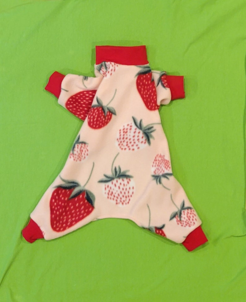 May include: A pink fleece dog jumpsuit with a red collar and a strawberry print.