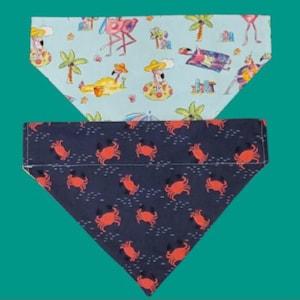Beach Vibes Crab And Summer Fun Flamingo. Two Different Looks In One Reversible Slide On Collar Pet Bandana. Personalization Is Offered