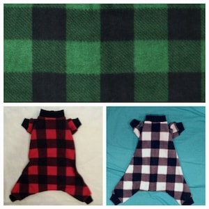 Choose From Red, Green Or White Fleece With Black Buffalo Plaid Dog PJs/One piece/romper. Knit Fabric Cuff And Collar. Custom Sizing Offered