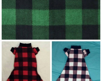 Choose From Red, Green Or White Fleece With Black Buffalo Plaid Dog PJs/One piece/romper. Knit Fabric Cuff And Collar. Custom Sizing Offered