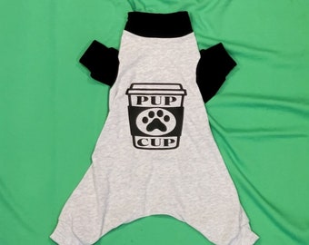 Pup Cup. Light Gray Raglan Available In Several Colors. Lightweight Cotton Jammies/ PJ's/One piece/jumper/romper. Custom Sizing Available.