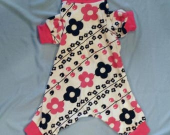 Adorable Diagonal Print White With Black And Pink Flowers. Thin Cotton (T-Shirt Fabric) Jammies / PJ's/ One piece. Custom Sizing Offered