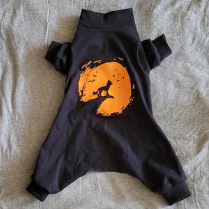 May include: Black dog jumpsuit with an orange Halloween-themed design on the back. The design features a silhouette of a dog howling at the moon with bats flying around it.