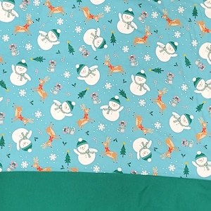 Cute Reindeer, Mouse And Fat Snowman Wearing Scarves on Beautiful Teal Cotton Blend Knit Jammies/Pjs/onesie. Custom Sizing Available