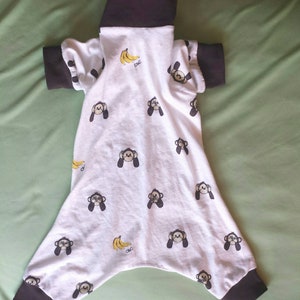 May include: White dog pajamas with brown trim and a repeating pattern of monkeys covering their eyes and ears with bananas. The text "CAC" is printed on the pajamas.