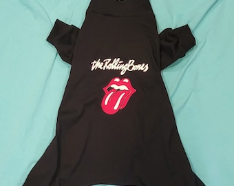 The rolling bones. Red and white vinyl lettering on black, light summer weight Cotton Pjs/One piece/Jammies/romper. Custom Sizing Offered