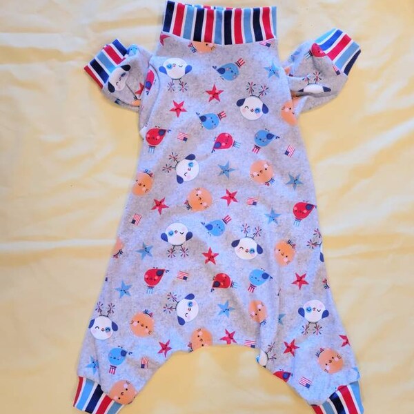 Patriotic Pups, Kitties And Birds. You Choose Cuff And Collar Color. Thin Cotton Knit Jammies/Onesie/PJ's. Custom Sizing Available