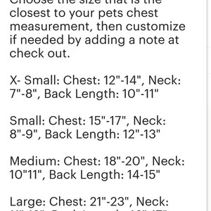 May include: A chart showing standard sizing and approximate measurements for pet clothing. The chart lists sizes from X-Small to X-Large and includes measurements for chest, neck, and back length in inches.