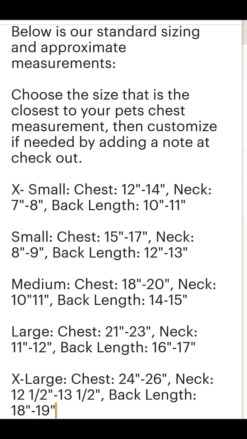 May include: A chart showing standard sizing and approximate measurements for pet clothing. The chart lists sizes from X-Small to X-Large and includes measurements for chest, neck, and back length in inches.