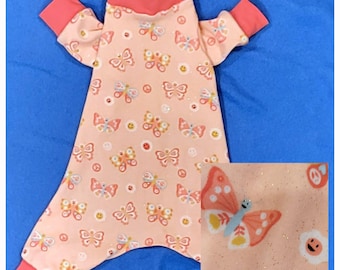 Glitter And Butterflies. Beautiful Light Pink With Salmon and Light Blue. Stretchy Cotton Blend Pjs/One Piece/Jammies. Custom Sizing Offered