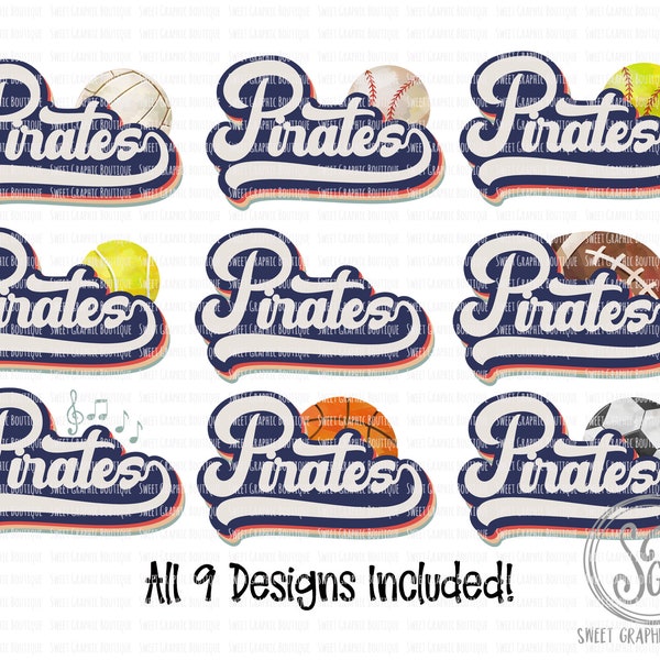 Pirates PNG, Pirates Clipart, Vintage Sport Bundle, Baseball, Volleyball, Softball, Football, Soccer, Band, Basketball, Instant Download