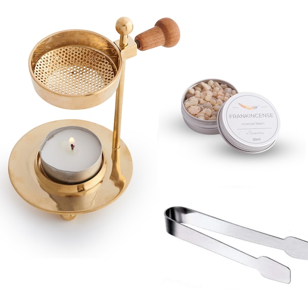 Incense Melter Kit with 30ml Tin fresh Frankincense Incense, Tea Light and Stainless Steel Tongs Smokeless Charcoal Free