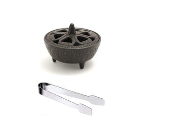 Cast Iron Incense Burner Bowl with Stainless Steel Tongs