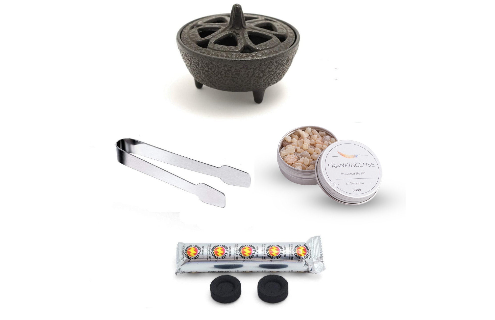 Cast Iron Incense Burner Kit: Frankincense Resin, Charcoal Discs
