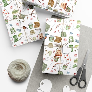 Watercolor Fishing Theme Wrapping Paper, Fish Gift Wrap, Ocean Gift Wrap, Nautical Gift Wrap, Gift Wrap for Fishermen,