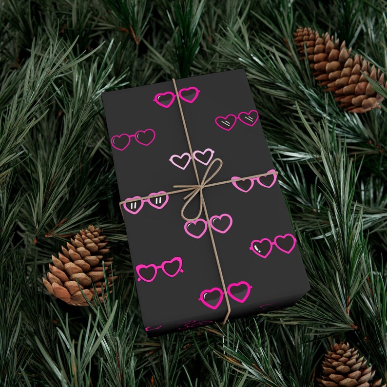 Pink Heart Sunglasses Wrapping Paper, Black Background, Holiday Gift Wrap, Gift Packaging, Present Decoration image 3
