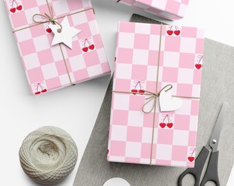 Papel de regalo con corazones de cereza sobre diseño a cuadros, papel de regalo para el día de San Valentín