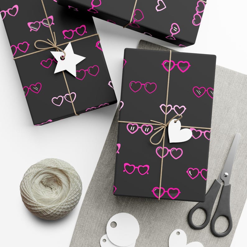 Pink Heart Sunglasses Wrapping Paper, Black Background, Holiday Gift Wrap, Gift Packaging, Present Decoration image 1