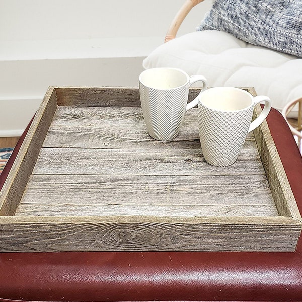 Ottoman Tray Made with Rustic Reclaimed Wood - Large Square Design for Coffee Table - Made in The USA