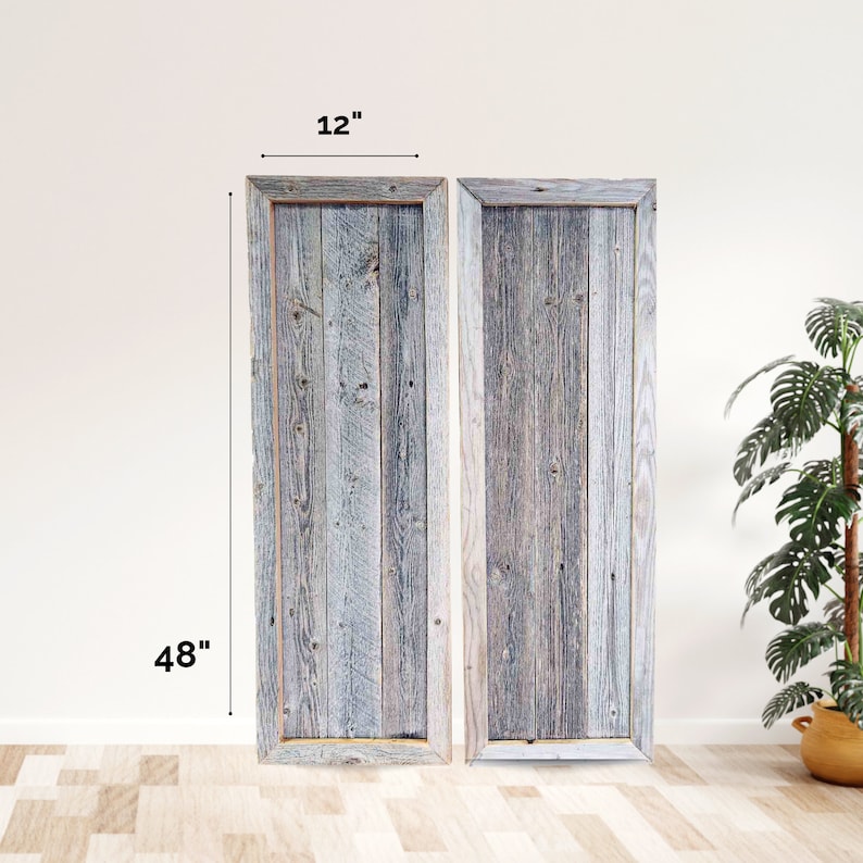 May include: Two weathered wood panels, each measuring 48 inches tall and 12 inches wide, with a light gray and brown color scheme. The panels are framed with a thin, natural wood border.