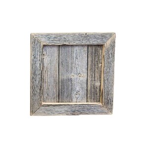 May include: A square wooden frame with a weathered gray finish. The frame is made of reclaimed wood and has a rustic look.