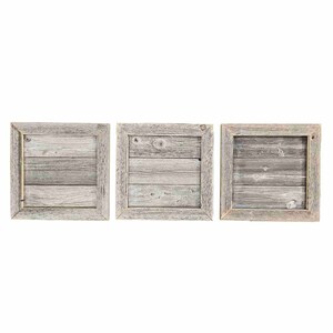 May include: Three rustic wooden picture frames with a weathered gray finish. The frames are square and have a simple design.