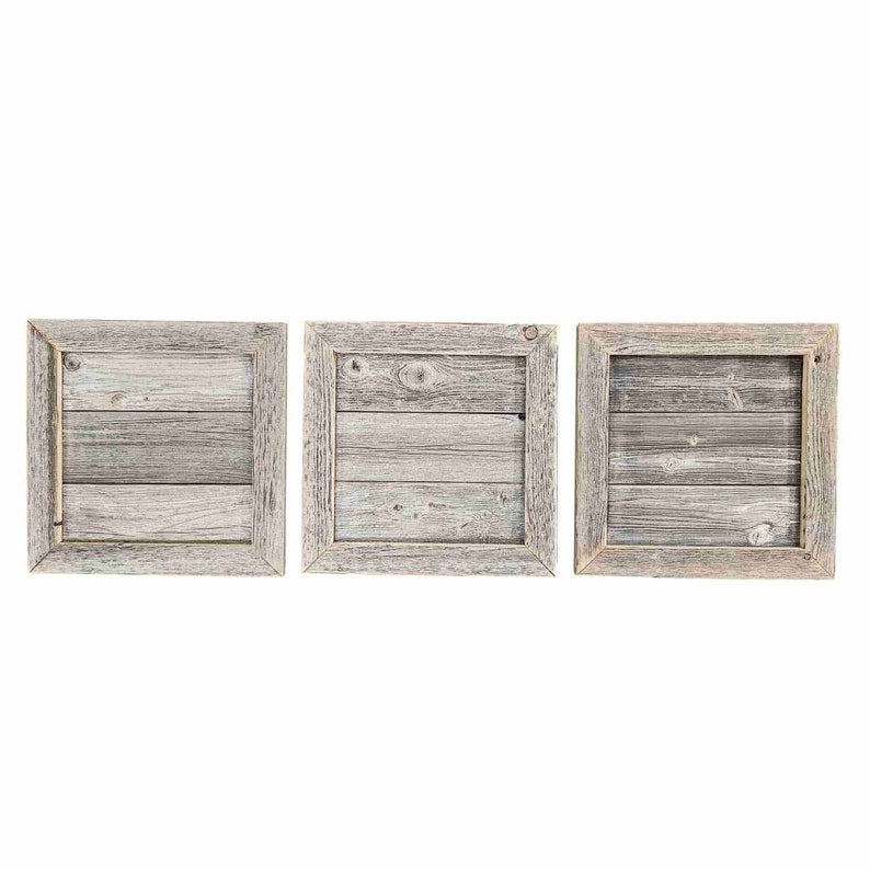 May include: Three rustic wooden picture frames with a weathered gray finish. The frames are square and have a simple design.