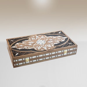 Walnut Backgammon: Mother of Pearl Inlay, Damascus Marquetry. Luxury, High-Quality, Exclusive. Handmade carved backgammon set.