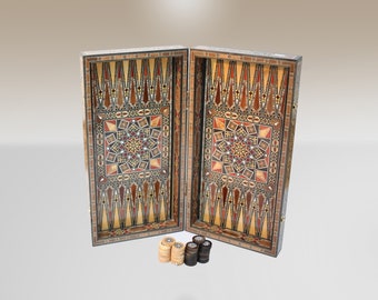 Wooden mosaic backgammon-Royal backgammon-Damascus marquetry-luxury backgammon and chess board in one-Syrian marquetry-HQ Board game-Inlaid