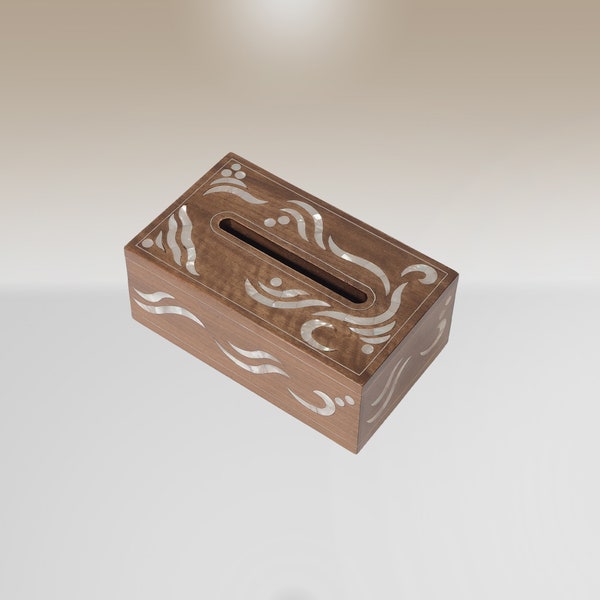 Walnut Tissue Holder: Mother of Pearl Inlay, Syrian Marquetry. Arabic Home Style Wood Dispenser for Elegant Paper Access.