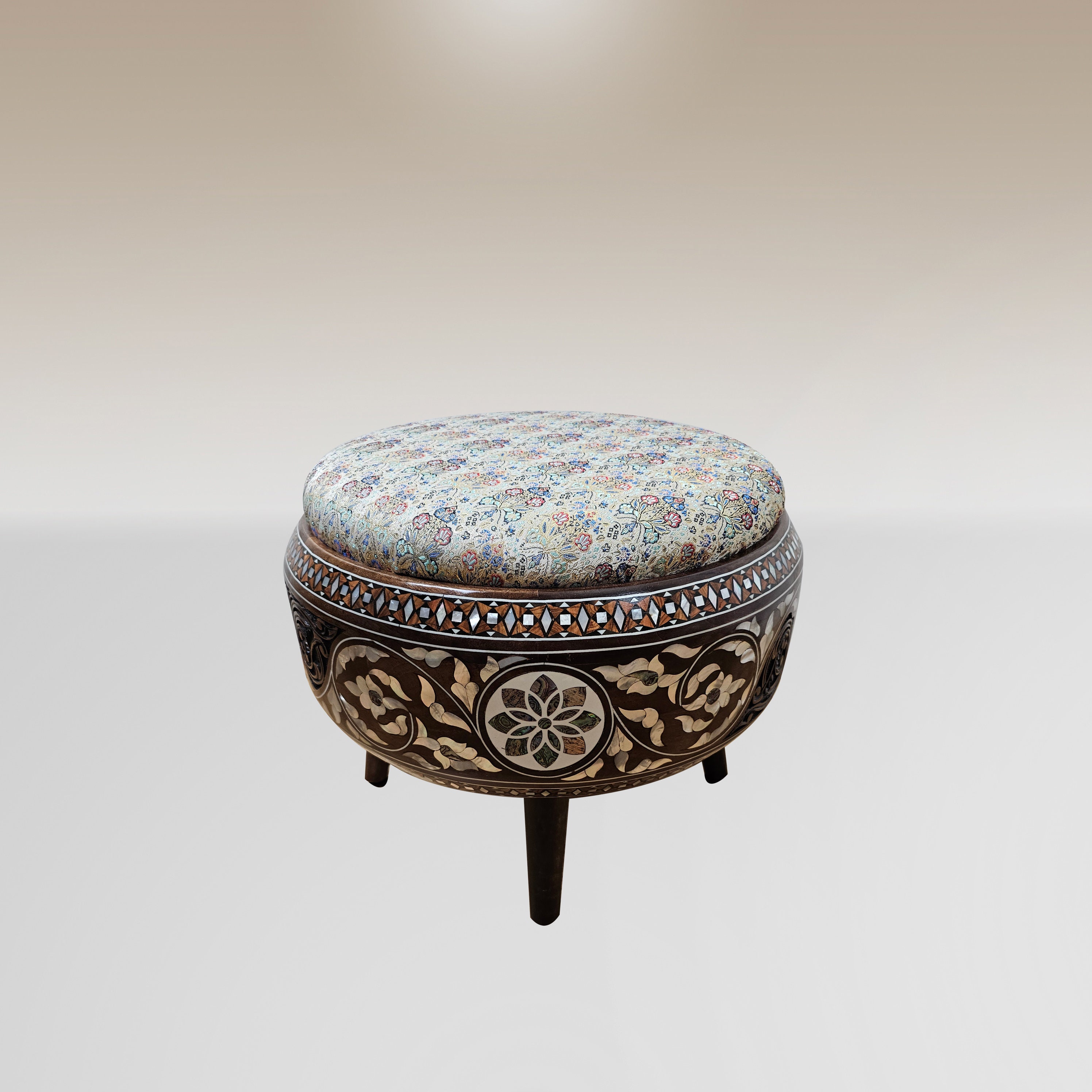 Syrian Mother-of-pearl Round Stool Inlaid With Bone and Fatimid Carved ...