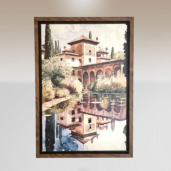 Watercolor-Inspired Islamic Palace Canvas Wall Art - Alhambra-inspired Andalusian Elegance (60x40 cm)