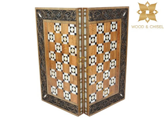 木製 本真珠装飾、黒檀、 曲線デザイン文鎮 Wooden Backgammon: Mother of Pearl Inlay, Syrian Marquetry