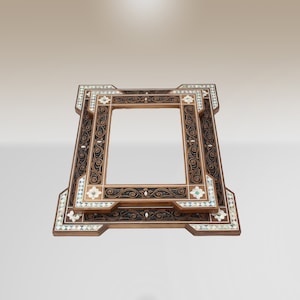 Pair of mother-of-pearl inlaid walnut mirror frames. Carved & Oriental design. Luxury set for an exquisite touch.