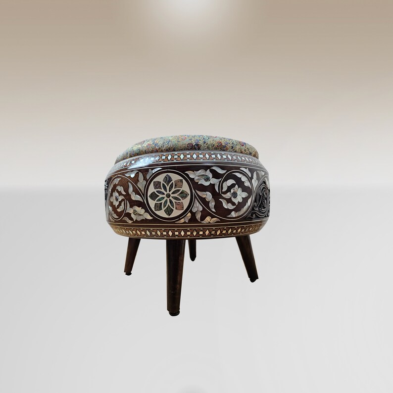 Syrian Mother-of-pearl Round Stool Inlaid With Bone and Fatimid Carved ...