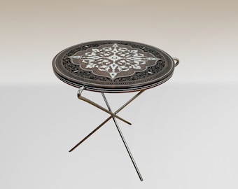 Syrischer handgefertigter Couchtisch aus Walnussholz mit Perlmutt-Intarsien und Chromsockel – Fatimiden und geometrische Schnitzereien. Luxuriöse syrische handgefertigte Kunst.