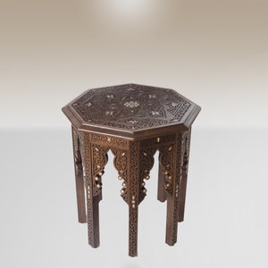 Octagonal Coffee Table: Mother of Pearl Inlay, Syrian Marquetry & Carved Details. Oriental Style, Luxury Wooden Side Table