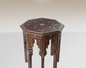 Octagonal Coffee Table: Mother of Pearl Inlay, Syrian Marquetry & Carved Details. Oriental Style, Luxury Wooden Side Table