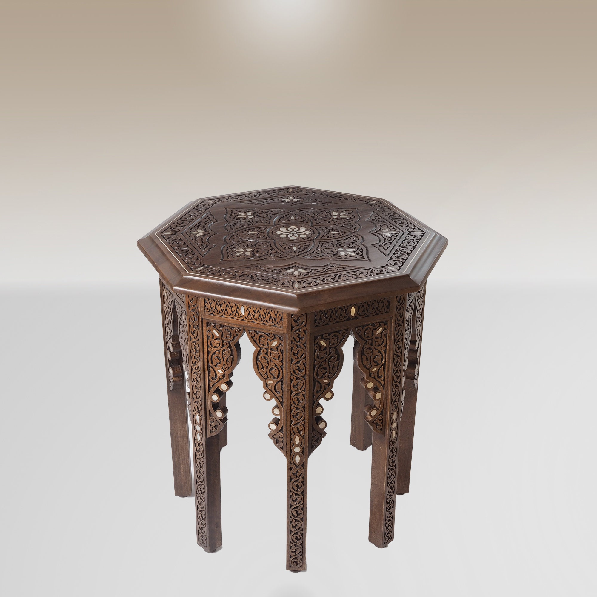 Octagonal Coffee Table: Mother of Pearl Inlay, Syrian Marquetry
