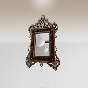 Handcrafted Small Wooden Mirror Frame: Mother of Pearl Inlay, Fatimid Carving & Syrian Marquetry. Unique Wall Decor mirror Frame.