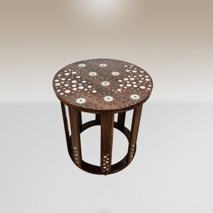 Round Coffee Table inlaid with mother of pearl- Walnut wood inlaid with tin- High quality handmade item-Damascus marquetry Inlaid side table