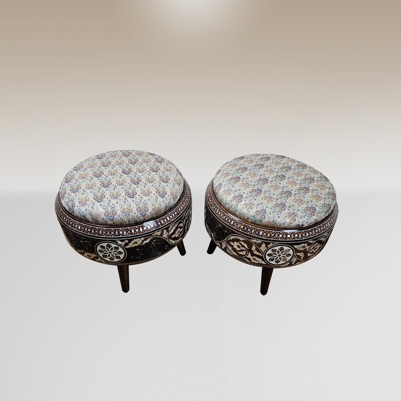 Syrian Mother-of-pearl Round Stool Inlaid With Bone and Fatimid Carved ...