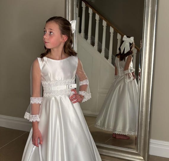 satin a line communion dress Lace Tulle and Satin A-line Communion Dress Faith and Begorra