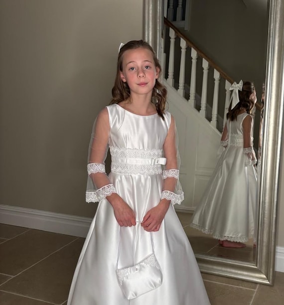 satin a line communion dress A-line Satin Flower Girl First Communion Dress FM064 Pre-order 4 years / Ivory main image 1