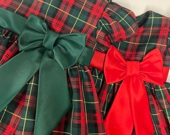 Green & Red Plaid dress set-Baby dress-Green bow Plaid dress-Girls dress-Birthday dress-Red bow Plaid dress set-Christmas dress set-Party