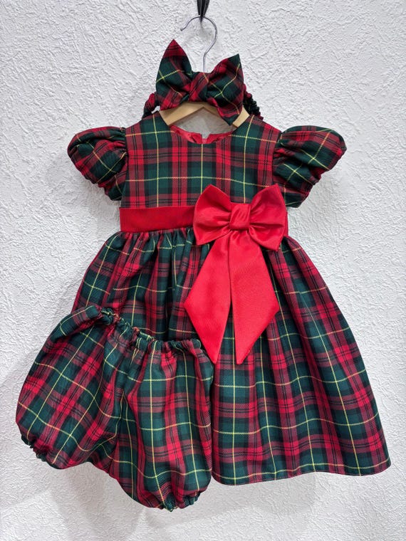 Plaid Baby Dress Set: Green & Red Plaid, Satin Bow, Made in England Plaid Baby Dress Set: Green & Red Plaid, Satin Bow, Made in England