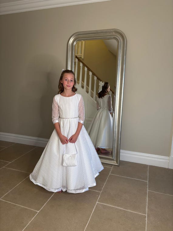 White Lace Holy Communion Dress: Long Sleeved Satin A-Line