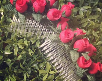 Handmade Rosettes Haircombs. Coquettish accessories. Cottagecore aesthetic. Vintage inspired. Gifts under 20. Fairytale style. Red rose.